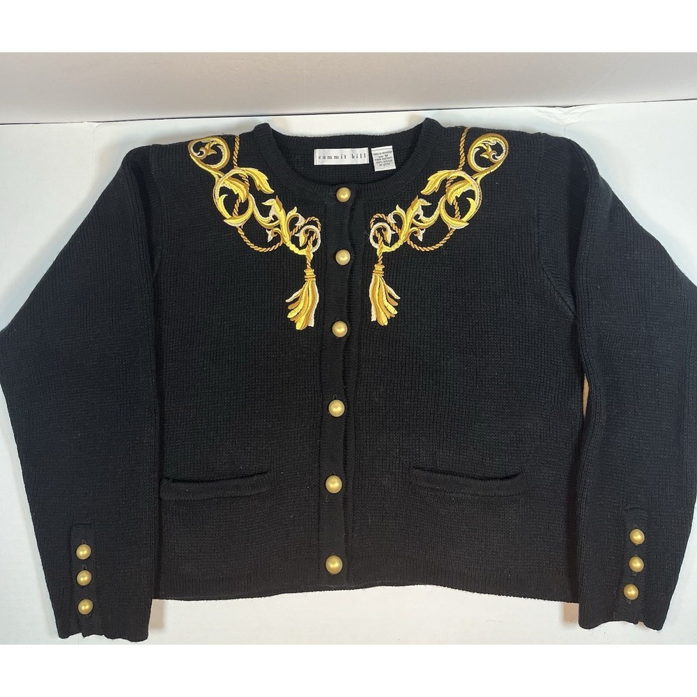 Vintage Summit Hill Black Gold Cardigan Button Up Embroidered Sweater 90s Size M